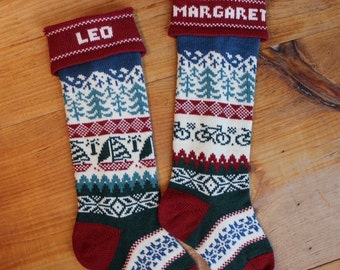 Personalized knitted Christmas Stocking, Snowy Mountains and bikes or sailboats