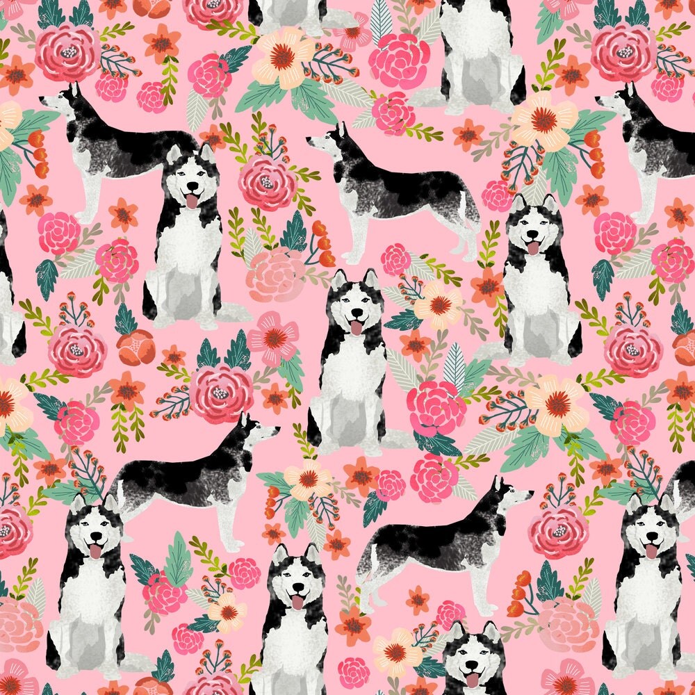 Husky Dog Floral Fabric Pink Floral Dog Fabrics By