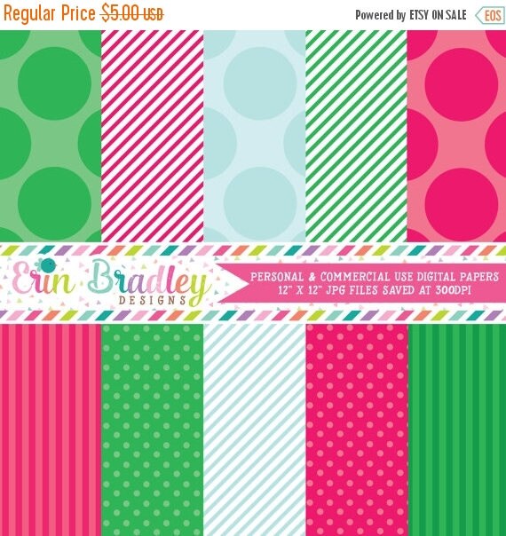 50% OFF SALE Commercial Use Printable Paper Pack Pink Green & Blue Stripes and Polka Dotted Patterns Il_570xn