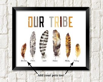 Boho tribal print personalized our tribe wall art tribal home decor feather print custom family pets name print tribal art family room decor