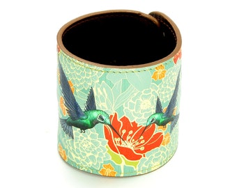 Leather Cuff Wallet also with Contactless Payment Chip - Hummingbirds in floral bliss