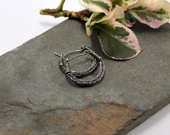 Viking knit Hoop earrings - Antiqued Sterling Silver wire hoop earrings