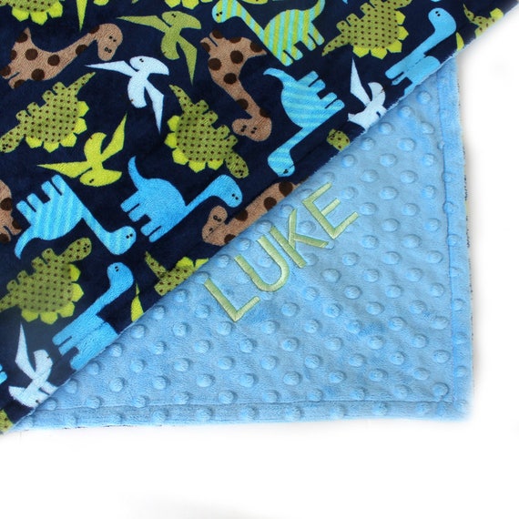 Minky Baby Blanket Boy / Personalized Baby Blanket / Dinosaurs Blanket Boy Blue Green Brown / Name Blanket // Baby Shower Gift