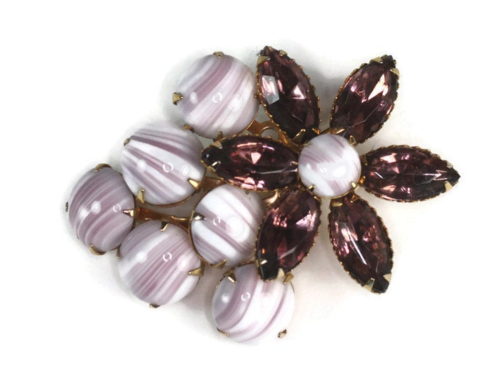 Lavender Glass Brooch Givre Striped Stone and Glass Flower Design Vintage