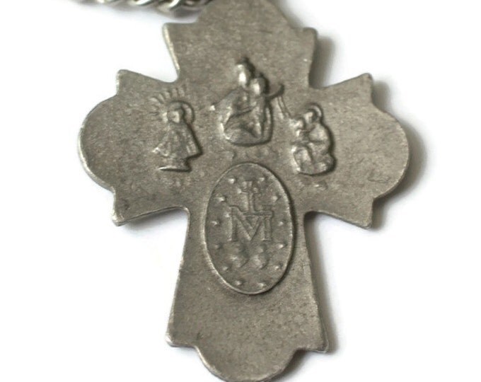 CIJ Sale Catholic Four Way Cross Pendant Necklace Silver Tone Vintage