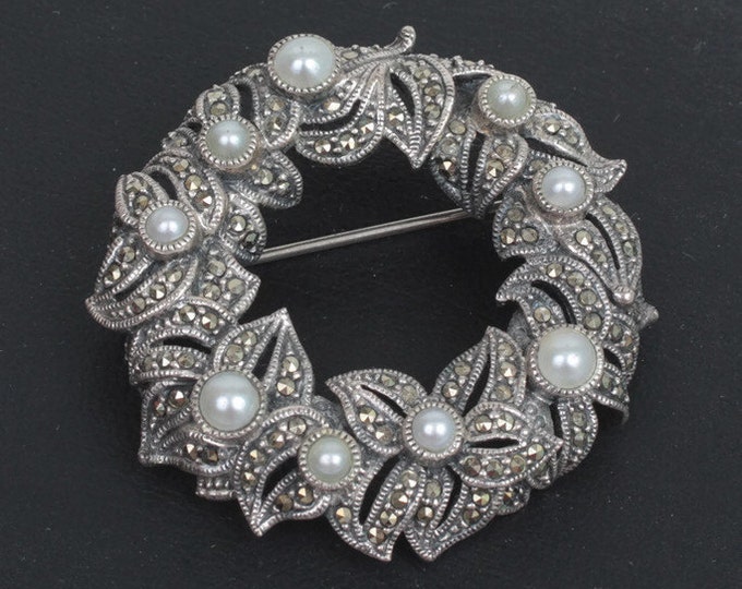 Judith Jack Brooch Marcasite Faux Pearl Sterling Wreath Circle Pin Vintage