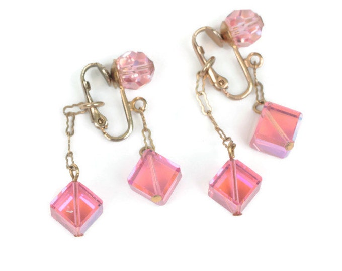 Pink AB Dangle Earrings Cubes Bead 2 Inch Drop Clip On Vintage