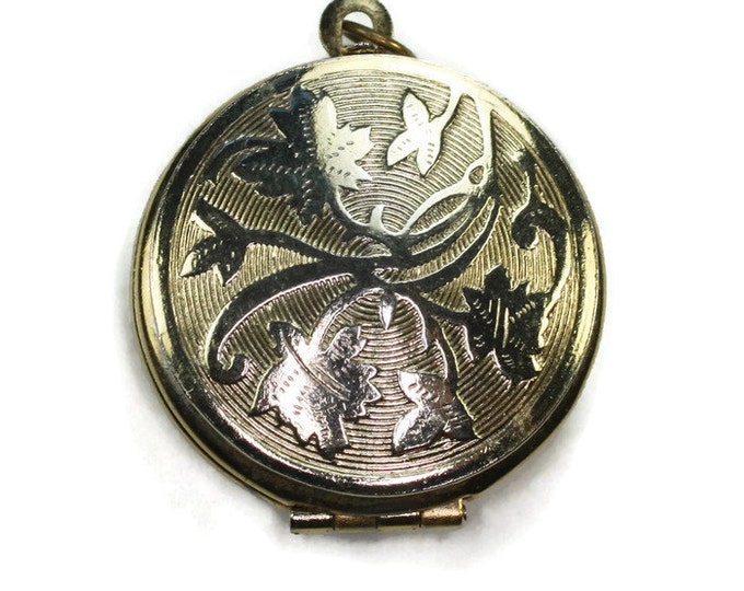 Embossed Photo Locket Foliate Design 14K GF Chain Vintage Gift for Her