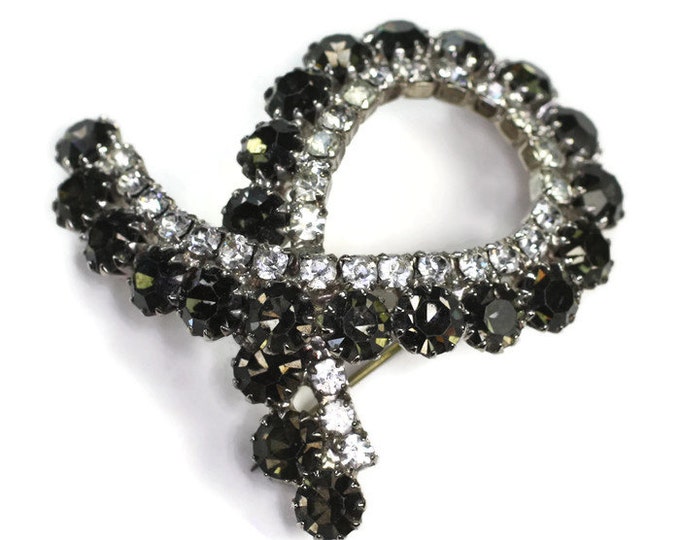 Black and Clear Rhinestone Brooch Looped Design Unusual Vintage