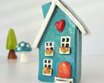 Turquoise Blue House with Orange Door | Little Clay House | Miniature House | Whimsical Clay house | Fairy House | Turquoise Clay Cottage
