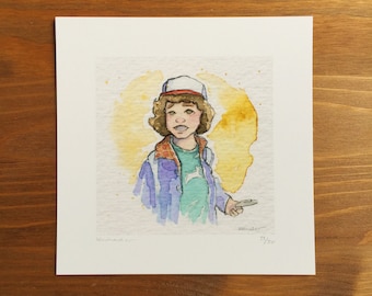 Dustin Stranger Things, Watercolor Prints, 5x5 by Kendra Minadeo Limited Edition