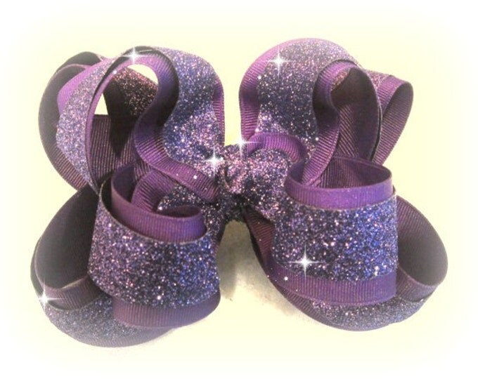 Bling Hair Bow, Glitter Hair Bow, Large TEXAS Sized Bows, Purple Hairbow, Boutique Bows, Sugar Plum Glitter Bow, 5 or 6 inch hairbow, tdgl