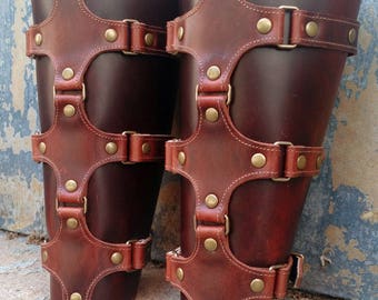 Brown Leather Shield Bracers with Antiqued Brass Hardware