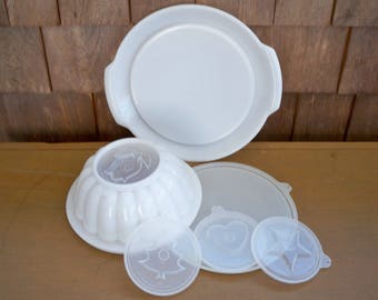 Vintage Housewares Tupperware Jello Mold with Four Different Tops and Serving Tray