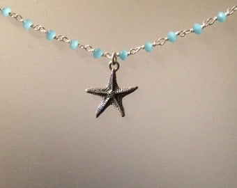 Chalcedony and Starfish Starling Silver Necklace, Beach, Ocean, everyday jewelry, blue