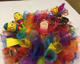 Ready To Ship Deco Mesh Cinco De Mayo Centerpiece , Table Centerpiece , Cinco De Mayo Arrangement , Fiesta Centerpiece , Birthday Gift