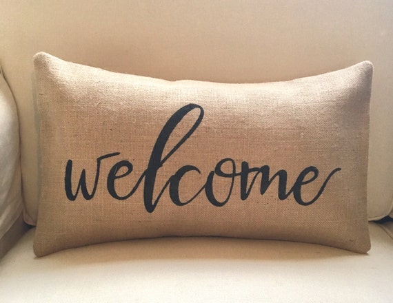 Welcome burlap pillow hessian cushion cover black