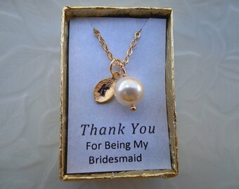 22% Off - Bridesmaid Gift, Bridesmaid Necklace, Gold or Silver Necklace with 8mm Swarovski Pearl,Initial Leaf,Birthday Gift,Flower Girl Gift