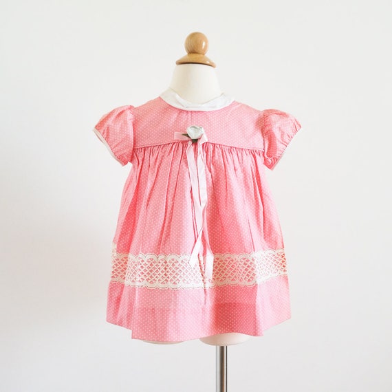 Vintage 1960s Girls Size 2 Dress / Pink White Polka Dot Cotton