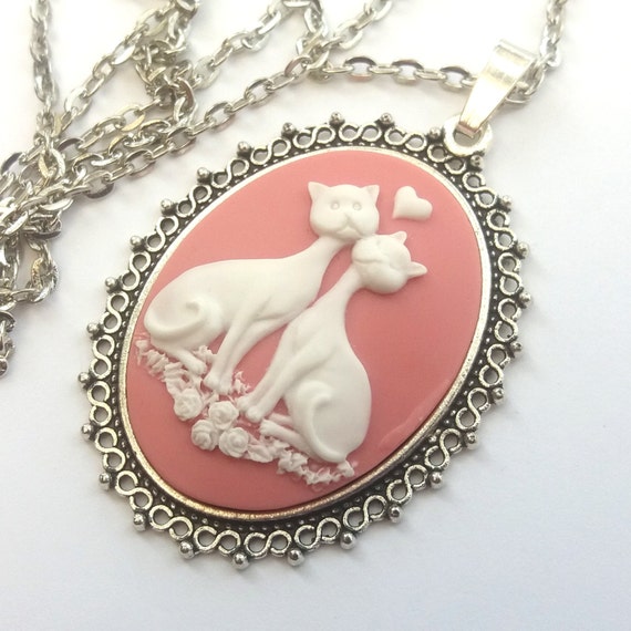 Love Cats Necklace Pink Cat Necklace Cat Cameo Necklace