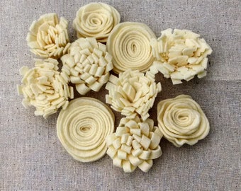 Wool felt flowers, flower embellishments, flower add on, DIY flowers, pillow embellishment, wool felt, you choose color - Set of 10