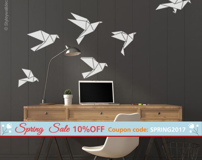 Origami Birds Wall Decal, Geometric Origami Cranes Wall Decal, Origami Birds Wall Sticker Christmas Gift for Office Home Living Room Decor