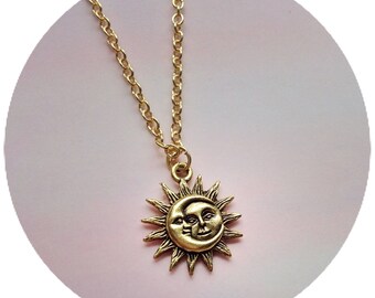 Sun and Moon necklace, 18mm gold plated pewter charm, Sun Moon soulmate,