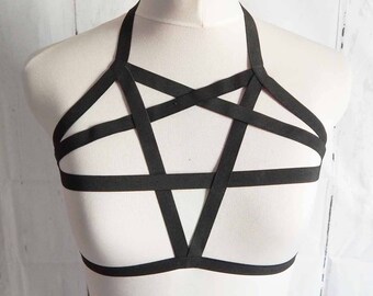 Black Elastic Pentagram Harness, Black Pentagram Harness, Black Pentagram Body Harness, Black Star Harness, Black Burlesque Harness