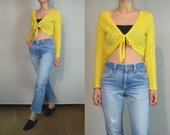 80s Sunshine Zigzag CROCHET Cropped Knit Tie Top
