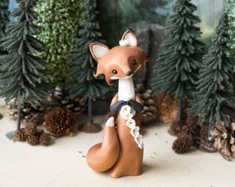 R E S E R V E D for Courtney - Red Fox Making a Daisy Chain - Fox Figurine by Bonjour Poupette