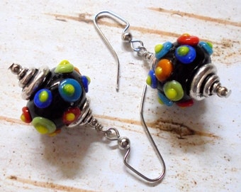 Rainbow Spotted Black Lampwork Earrings (3377)