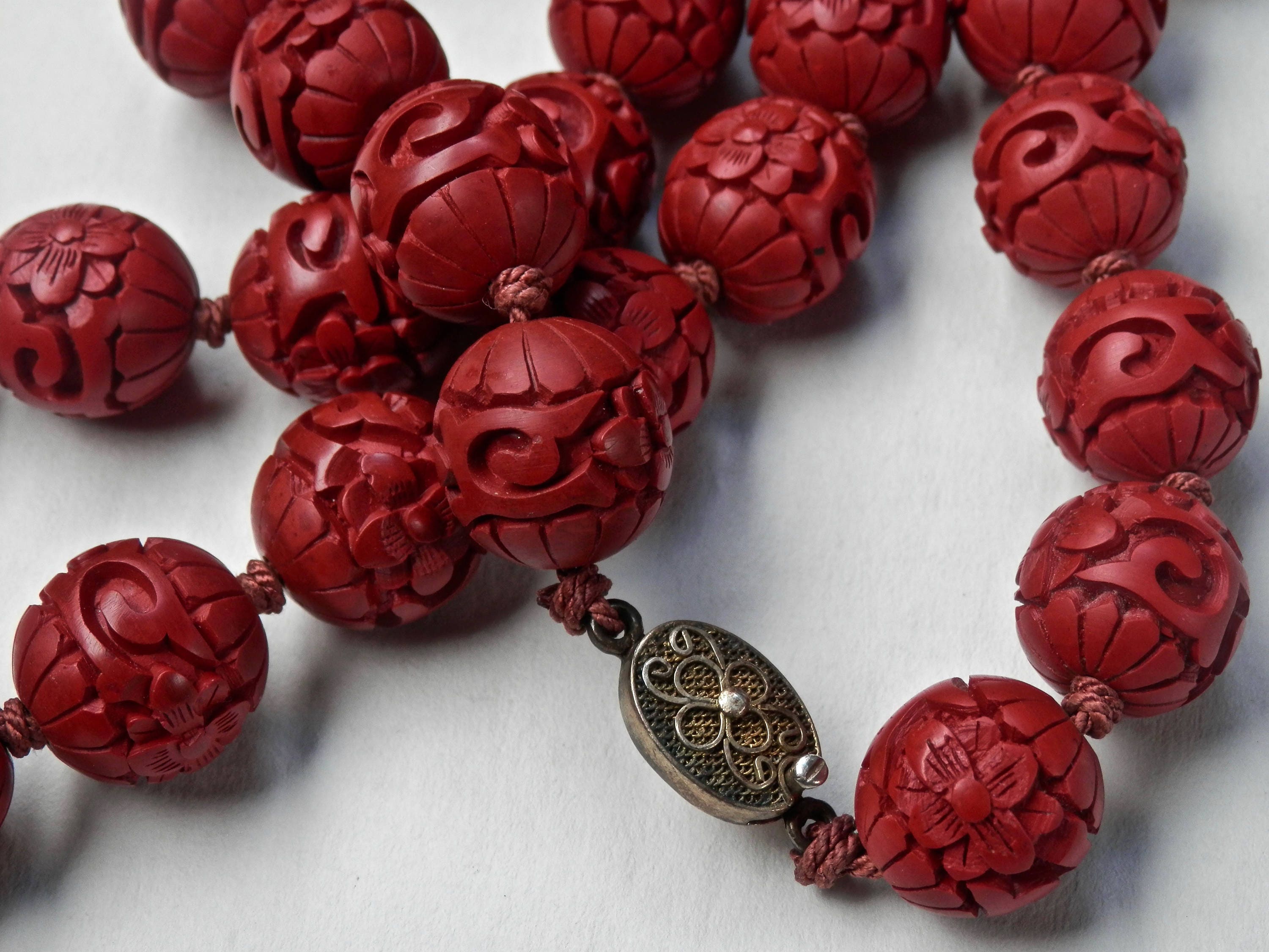 Vintage Chinese Export Red Cinnabar Bead Necklace Beaded