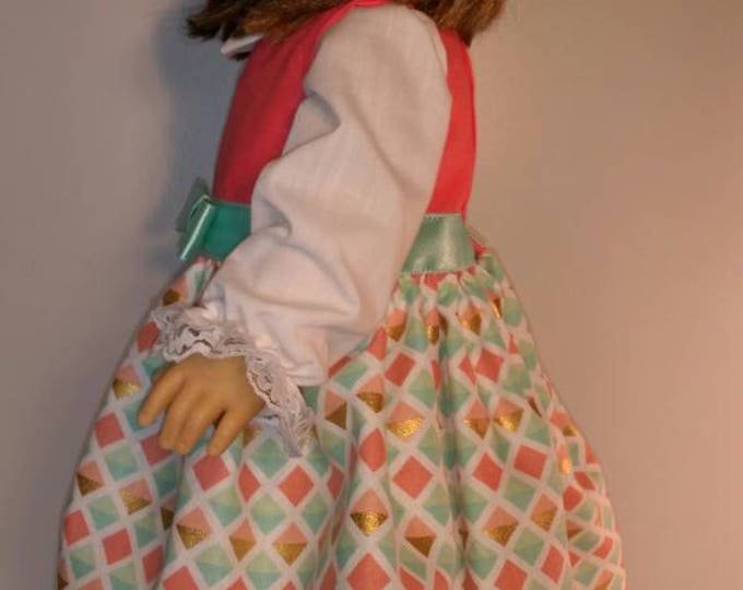 Teal and coral geometric print doll dress, white long sleeve shirt, matching shoes for 18 inch dolls