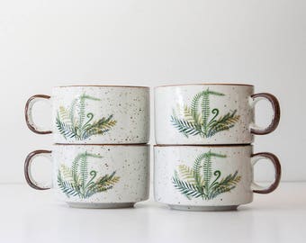 Vintage 1970s Soup Mugs - Stoneware Pottery - Ferns