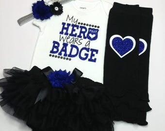 My Hero Wears a Badge Outfit, Baby Police Outfit, Thin Blue Line, Back the Blue Outfit, Baby Photo Prop, Baby Girl Outfit, Blue Lives Matter