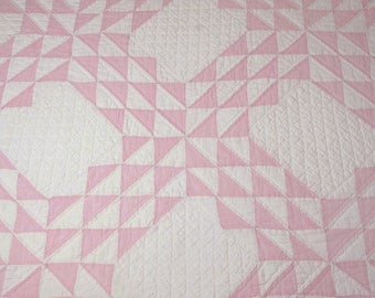 Intricate Quilting — Lovely Pink Feed Sack / White Ocean Waves Vintage Quilt Piece — 35 by 31 Inches — Photo Prop, Display Piece or Projects