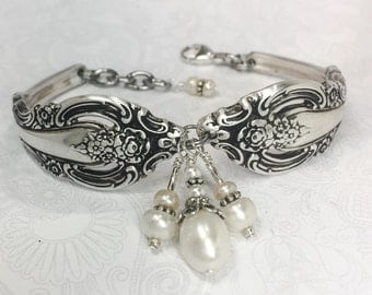 Spoon Bracelet, White Freshwater Pearls, Silverware Bracelet, Spoon Jewelry "Silver Artistry" 1965