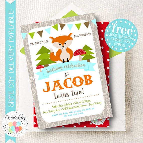 Woodland Fox Invitation, Fox Birthday Invitation, Fox Birthday Party, Fox Party Invitation, Boys Birthday Invite, BeeAndDaisy Il_570xn