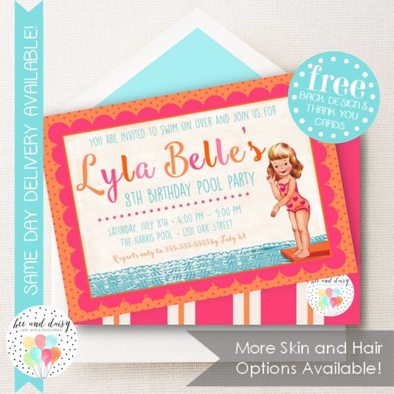 Pool Party Birthday Invitation, Pool Party Invitation, Girl First Birthday, Girl Birthday, Printable Pool Party Invite, Skin & Hair Choices Il_570xn