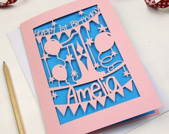 Personalised Papercut First Birthday Card, Laser Cut Birthday Card With Name, Baby's First Birthday, Keepsake Card, sku_1_birthday