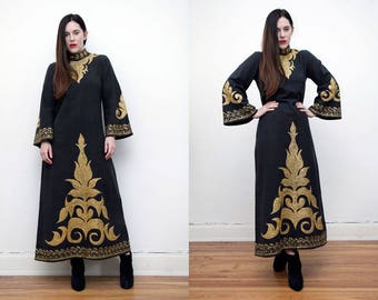 Vintage Indian Cotton Batik Hippie Angel Sleeve Kimono Kaftan Boho Maxi Dress 70's