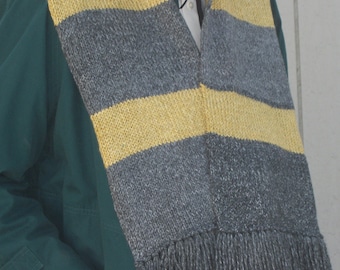 Hand Knitted Gray and Gold Scarf