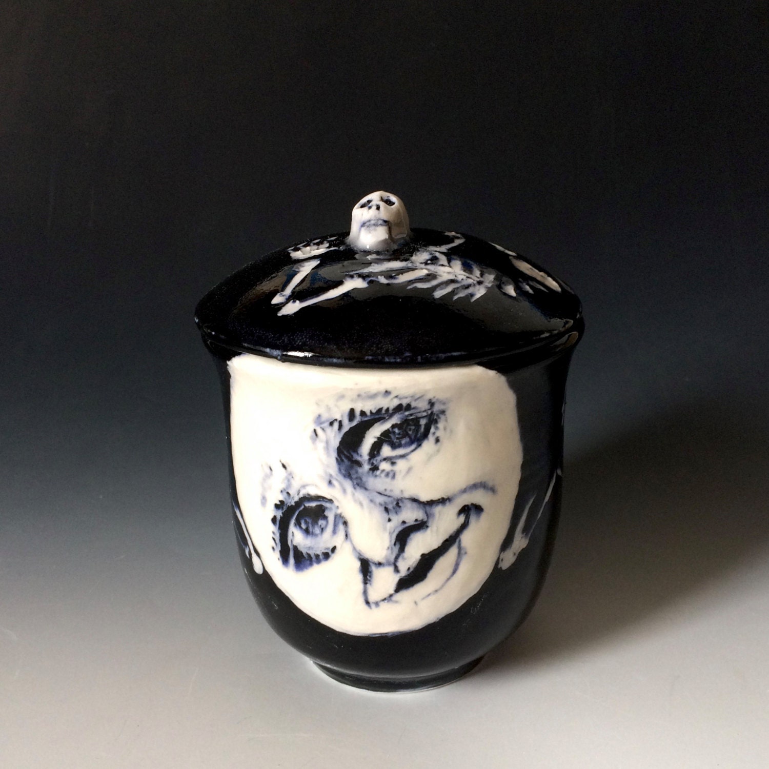 Black and White Lidded Jar Halloween Jar Sugar Bowl Moon