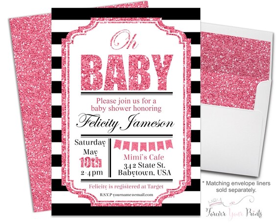 HOT PINK Baby Shower Invitation - Baby Shower Invitation Girl - Girls Baby Shower Invite - Oh Baby Invitation - Pink Glitter Invitation Il_570xn