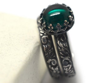 engraved renaissance emerald wedding set custom oxidized silver engagement ring lab emerald jewelry - Emerald Wedding Ring engraved renaissance emerald wedding set custom oxidized silver engagement ring lab emerald jewelry - Emerald Wedding Ring