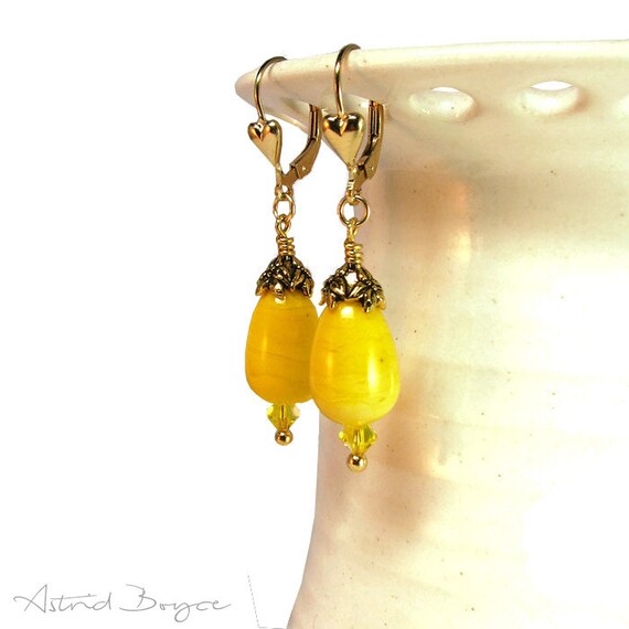 Lemon Drops Soft Yellow Artisan Lampwork Earrings with Gold Fill with Tiny Hearts for a Wonderful Thank You Gift for Her or Gift for Mom SRA