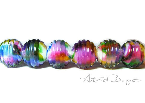 Rainbow Ribbed Rounds - Artisan Lampwork Glass Bead Set for Jewelry Creations by Jewelry Designers - Self Representing Artist - SRA - B195