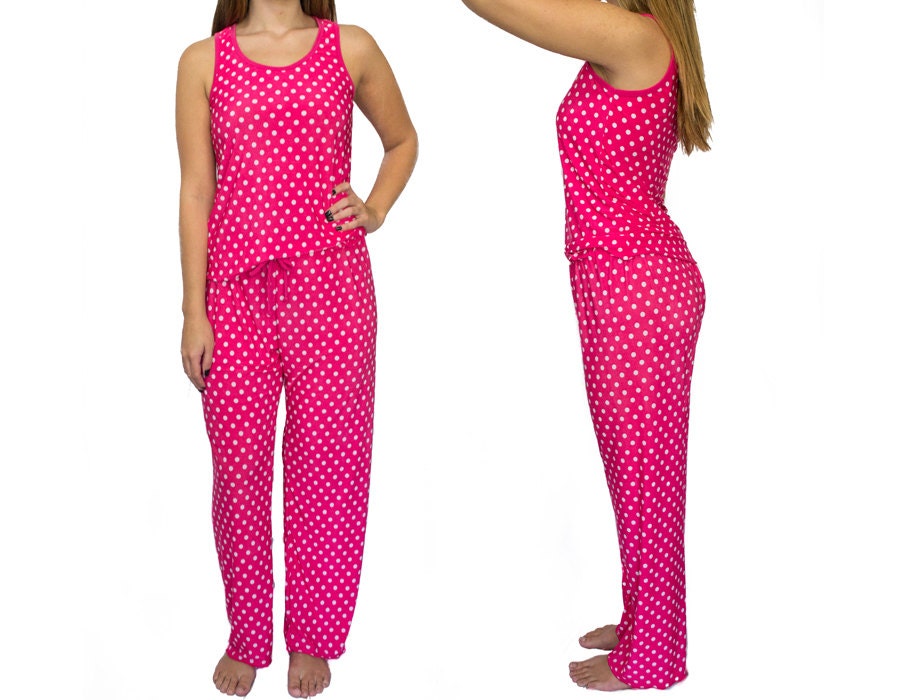 Pink White Polka Dot Pajama Set Womens Cooling Sleepwear