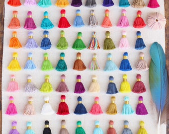 Mini Jewelry Tassels New SPRING Pantone Colors with GOLD Binding, Short Cotton Mala Bracelet Tassels, Handmade, 1.25", You Choose 10+ Colors
