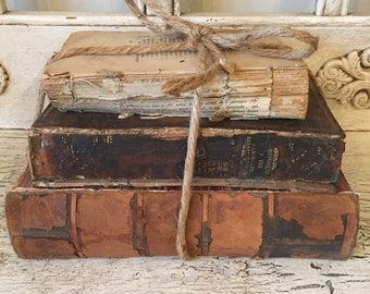 Farmhouse Tattered Leather Book Stack - Rustic Home Decor - Library Wedding - Antique, One of a Kind Decor